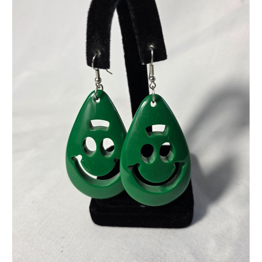 Dangle Drop Green Acrylic Smiley Face Earrings Teardrop Shape